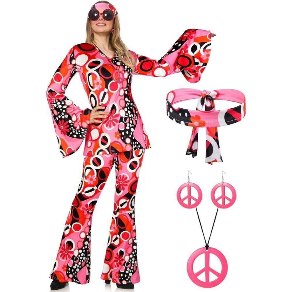 Women 70s Disco Hippie Costume Set Flared Pants Jewelry Accessories